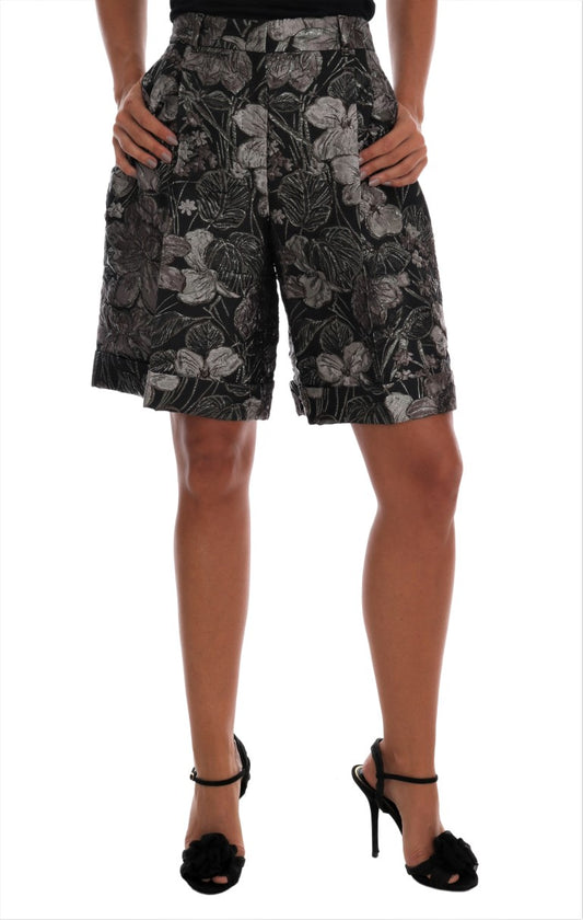 Dolce &amp; Gabbana Graue Brokat-Shorts mit Blumenmuster und hoher Taille