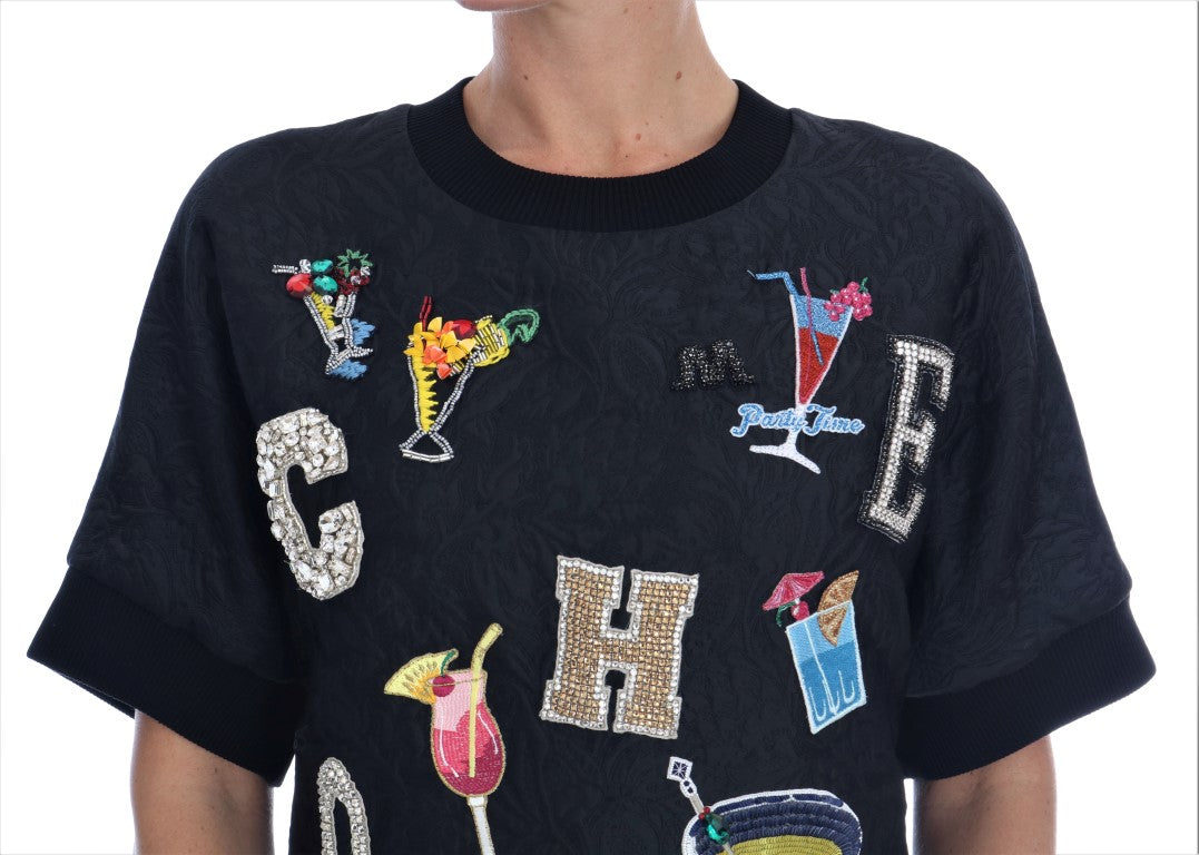 Dolce &amp; Gabbana Black Brocade Cocktail Crystal Sweater