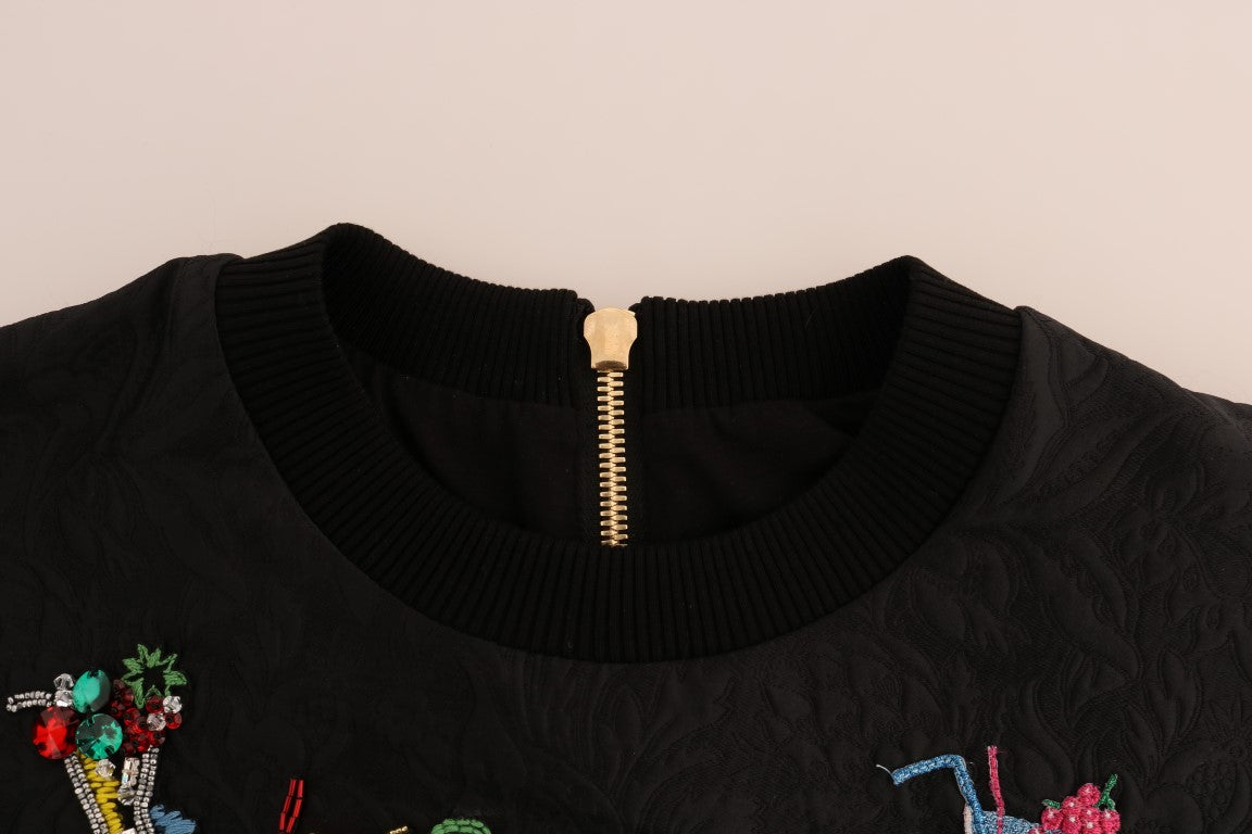 Dolce &amp; Gabbana Black Brocade Cocktail Crystal Sweater