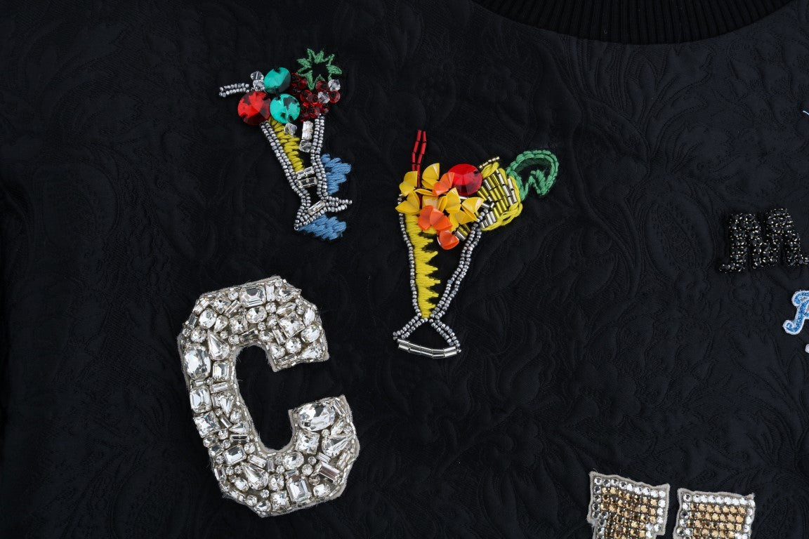 Dolce &amp; Gabbana Black Brocade Cocktail Crystal Sweater