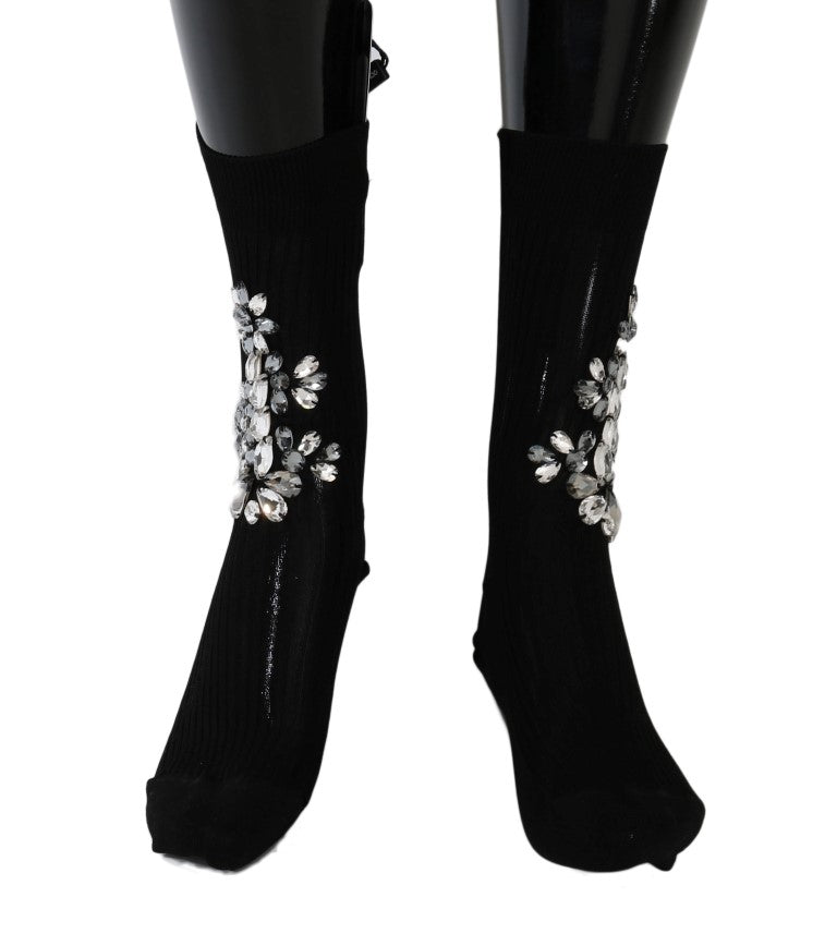 Dolce &amp; Gabbana Schwarze gestrickte, florale, klare Kristallsocken