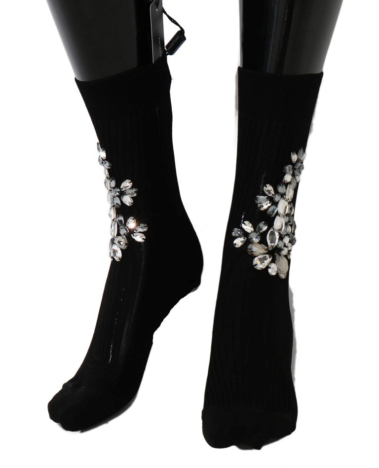 Dolce &amp; Gabbana Schwarze gestrickte, florale, klare Kristallsocken