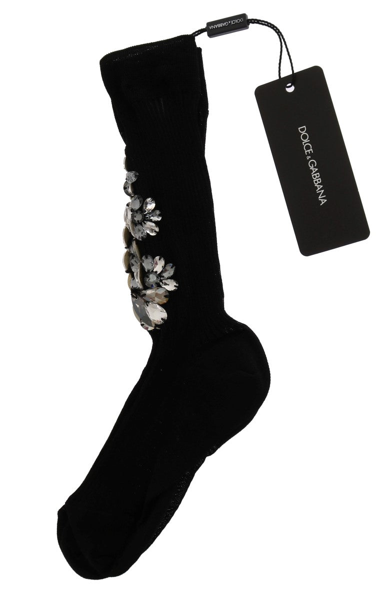 Dolce &amp; Gabbana Schwarze gestrickte, florale, klare Kristallsocken