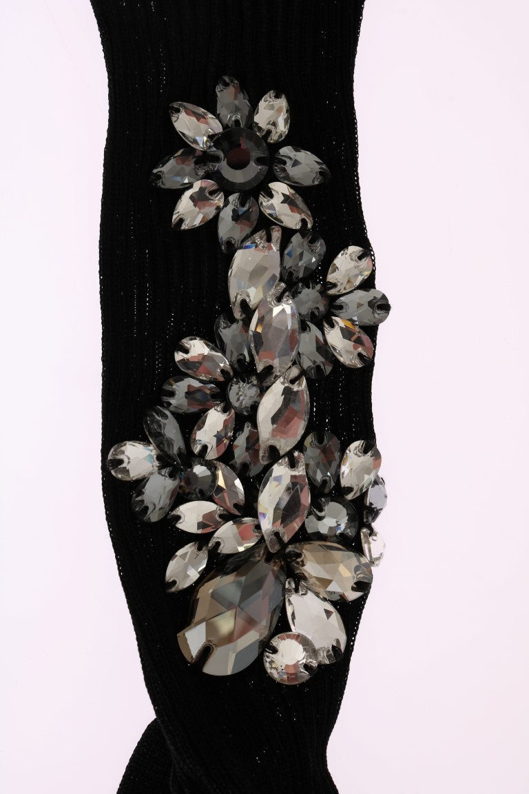 Dolce &amp; Gabbana Black Knitted Floral Clear Crystal Socks