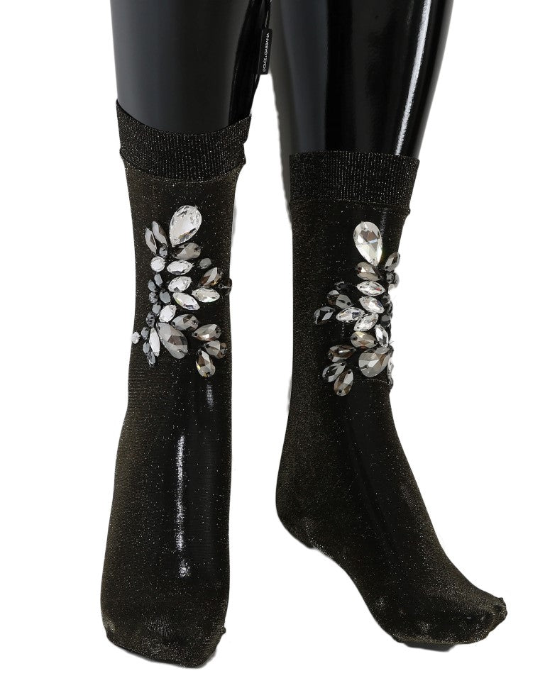 Dolce &amp; Gabbana Black Stretch Floral Clear Crystal Socks