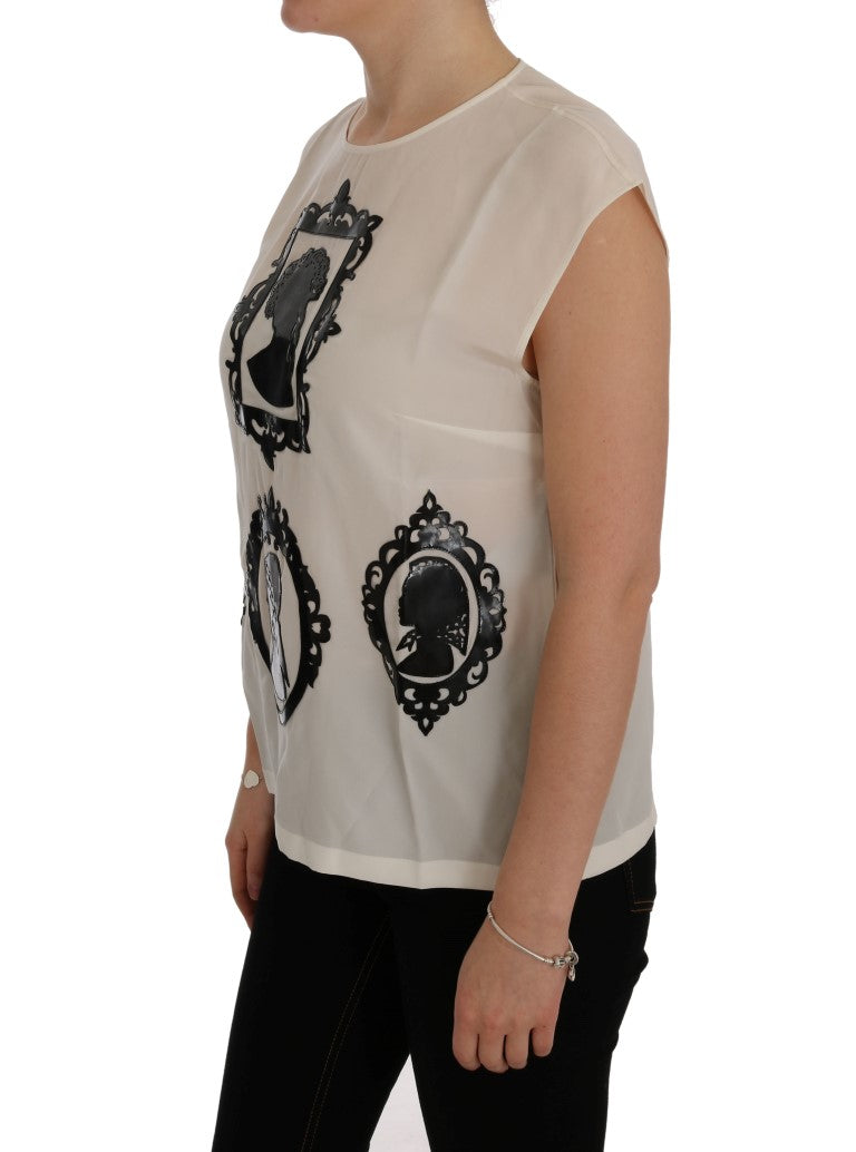 Dolce &amp; Gabbana White Silk Black Frame Blouse