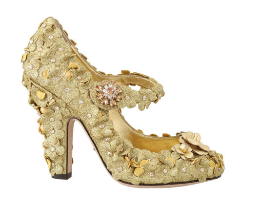 Dolce &amp; Gabbana Gold Floral Crystal Mary Janes Pumps