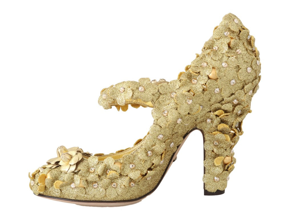 Dolce &amp; Gabbana Gold Floral Crystal Mary Janes Pumps