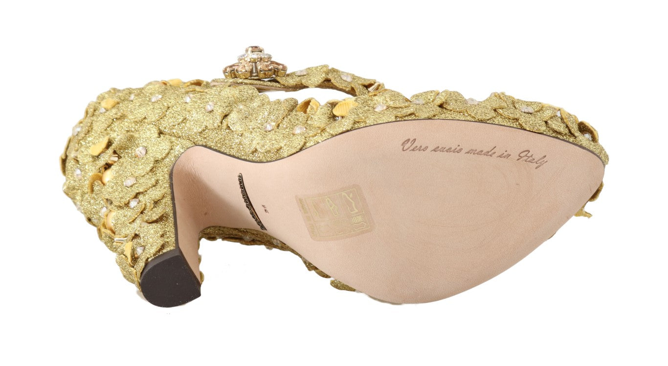 Dolce &amp; Gabbana Gold Floral Crystal Mary Janes Pumps