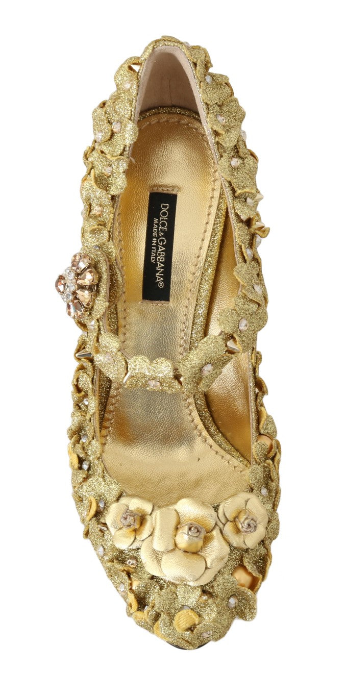 Dolce &amp; Gabbana Gold Floral Crystal Mary Janes Pumps