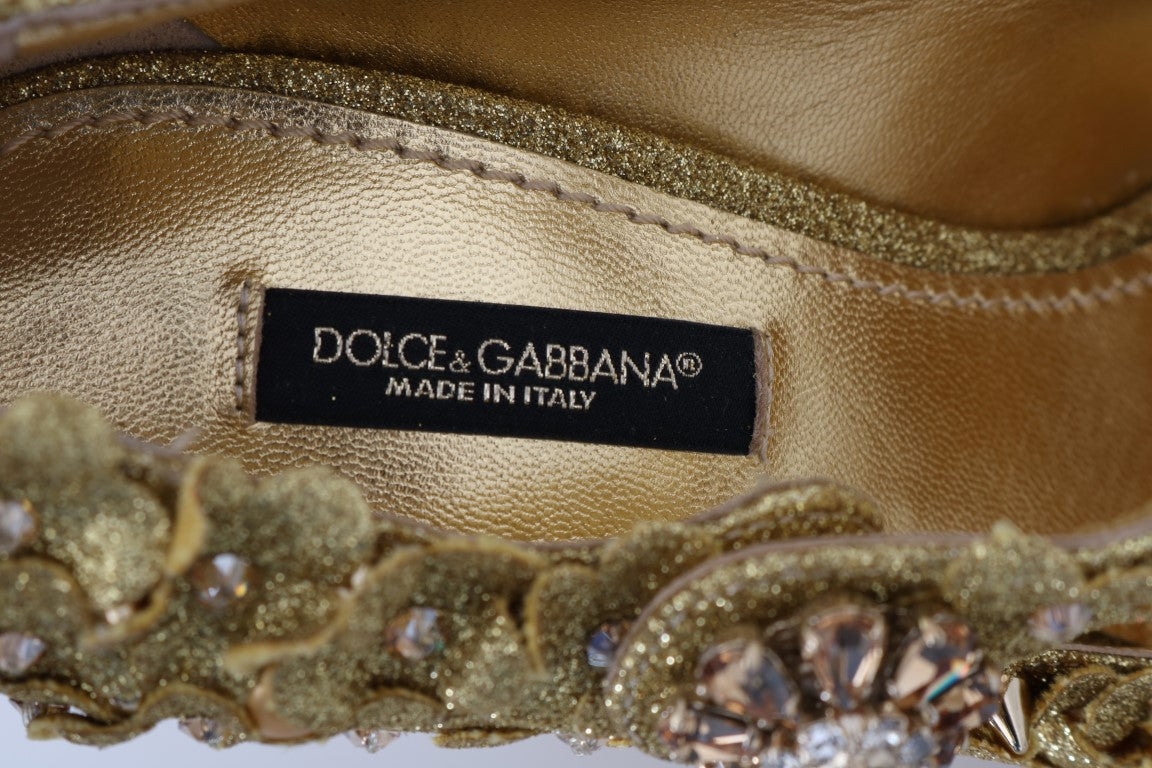 Dolce &amp; Gabbana Goldfarbene Mary Janes-Pumps mit Blumenmuster und Kristallen