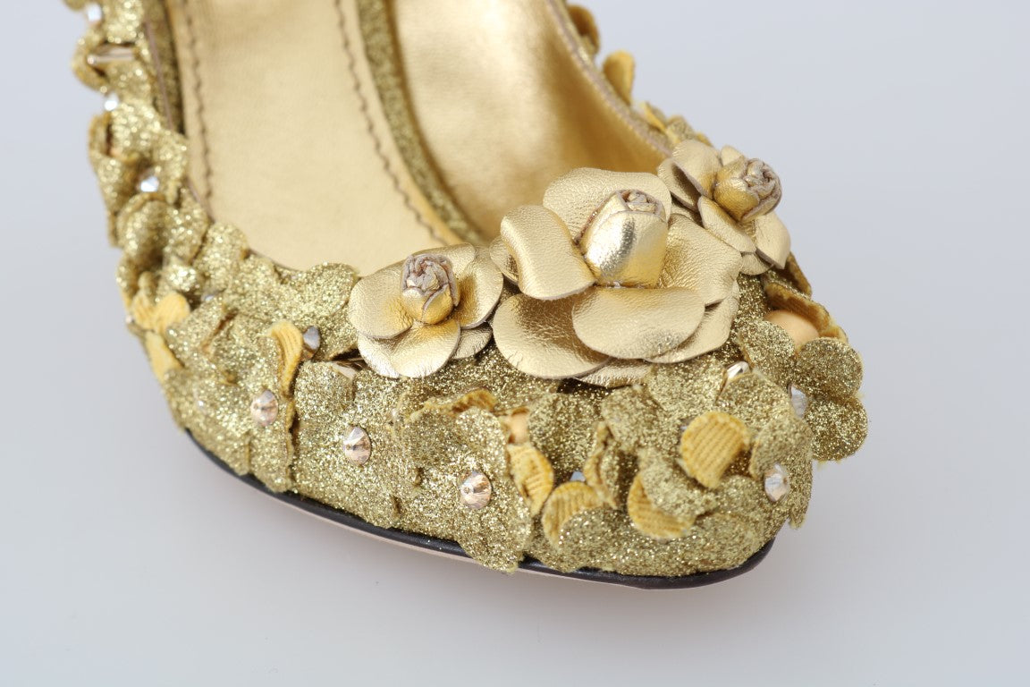 Dolce &amp; Gabbana Goldfarbene Mary Janes-Pumps mit Blumenmuster und Kristallen