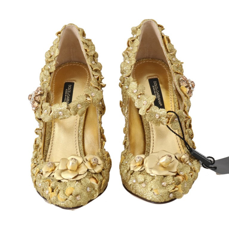 Dolce &amp; Gabbana Gold Floral Crystal Mary Janes Pumps