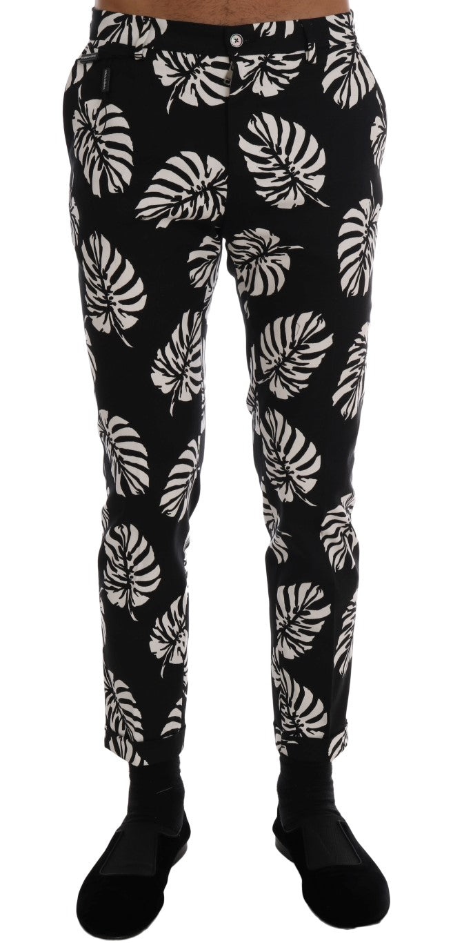 Dolce &amp; Gabbana White Black Leaf Cotton Stretch Slim Pants