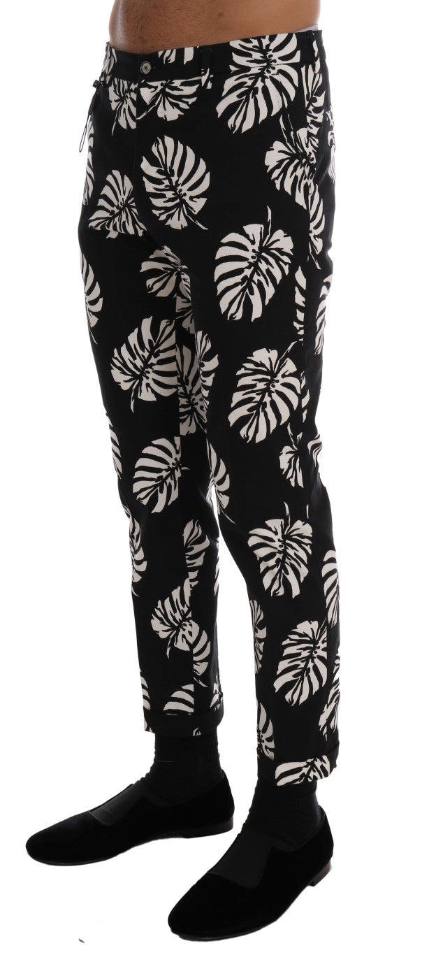 Dolce &amp; Gabbana White Black Leaf Cotton Stretch Slim Pants