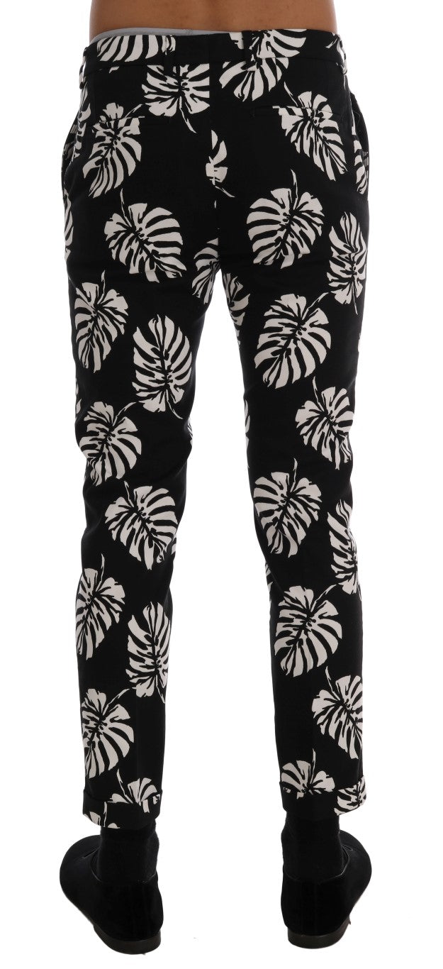 Dolce &amp; Gabbana White Black Leaf Cotton Stretch Slim Pants