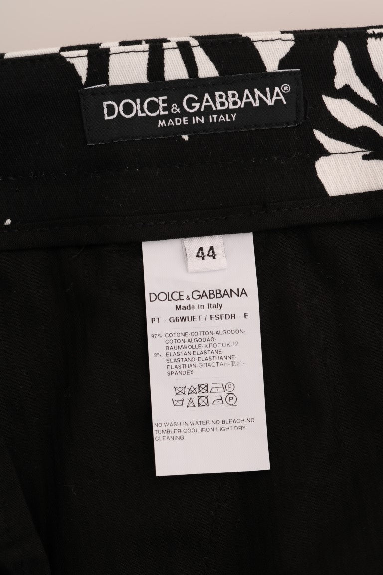 Dolce &amp; Gabbana White Black Leaf Cotton Stretch Slim Pants