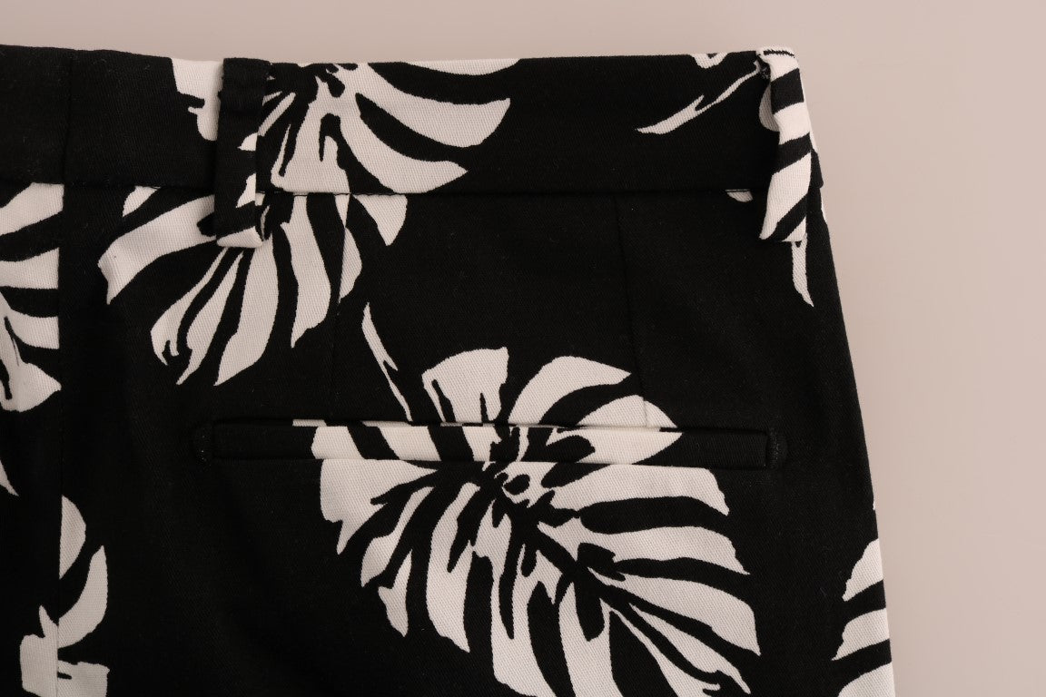 Dolce &amp; Gabbana White Black Leaf Cotton Stretch Slim Pants