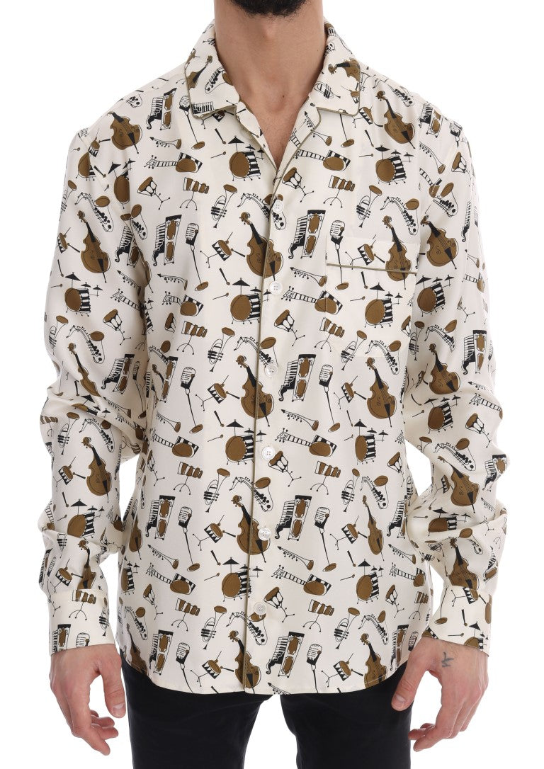 Dolce &amp; Gabbana White Silk JAZZ Motive Print Shirt