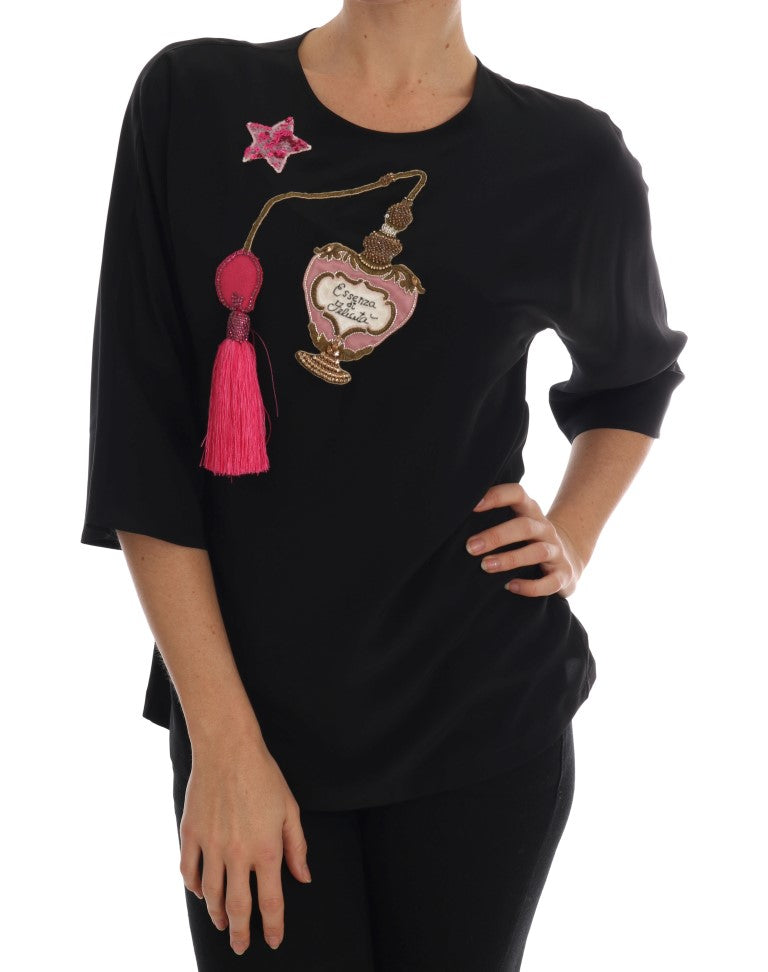 Dolce &amp; Gabbana Black Silk Fairy Tale Top Crystal Blouse