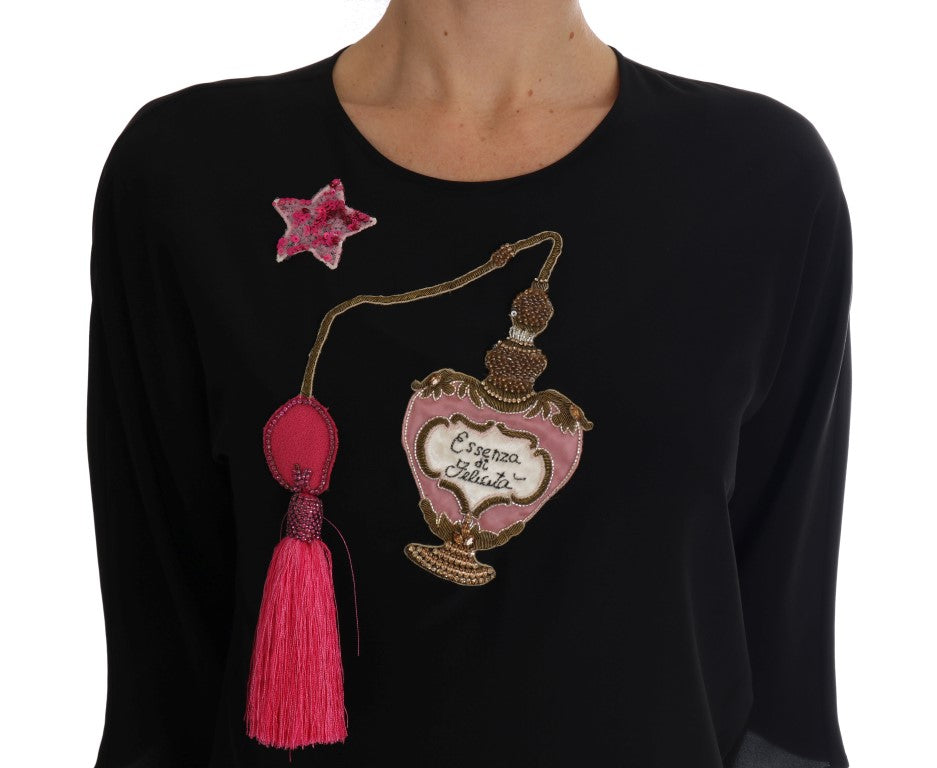 Dolce &amp; Gabbana Black Silk Fairy Tale Top Crystal Blouse