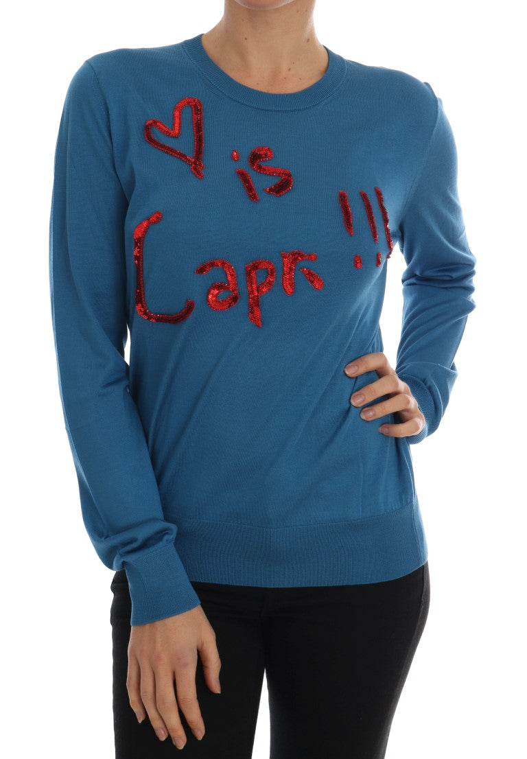 Ang Dolce &amp; Gabbana Blue Silk Love ay Pullover Sweater