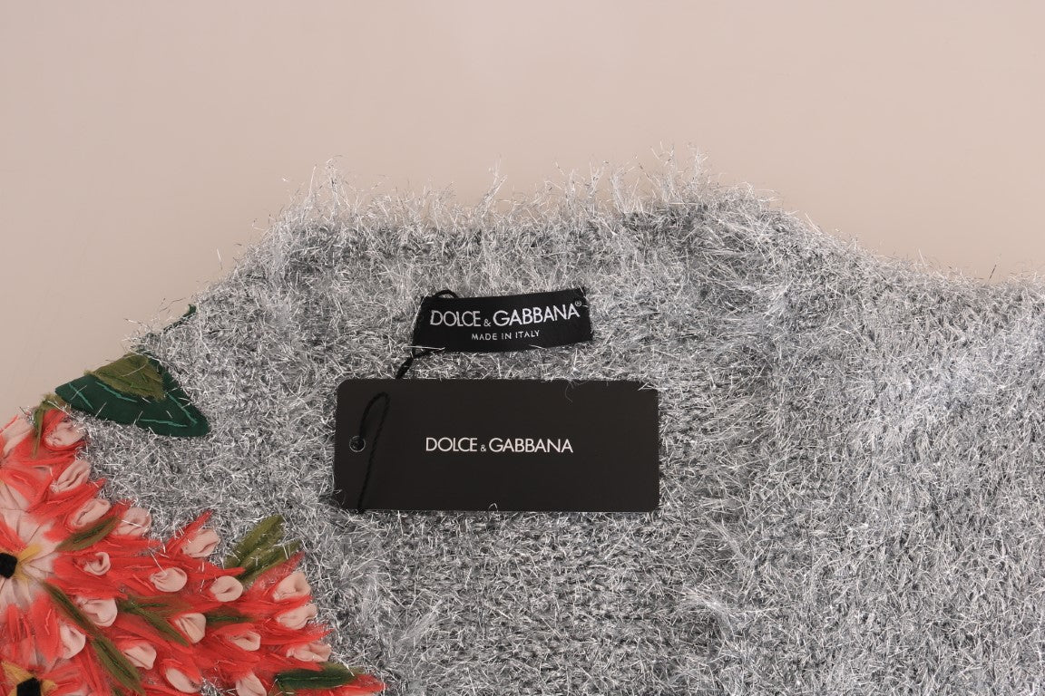 Dolce &amp; Gabbana Silver Cardigan Floral Applique Sweater