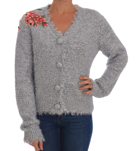 Dolce &amp; Gabbana Silver Cardigan Floral Applique Sweater