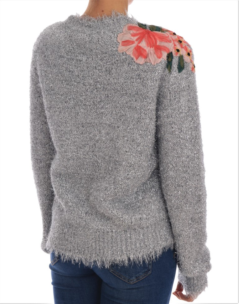 Dolce &amp; Gabbana Silver Cardigan Floral Applique Sweater