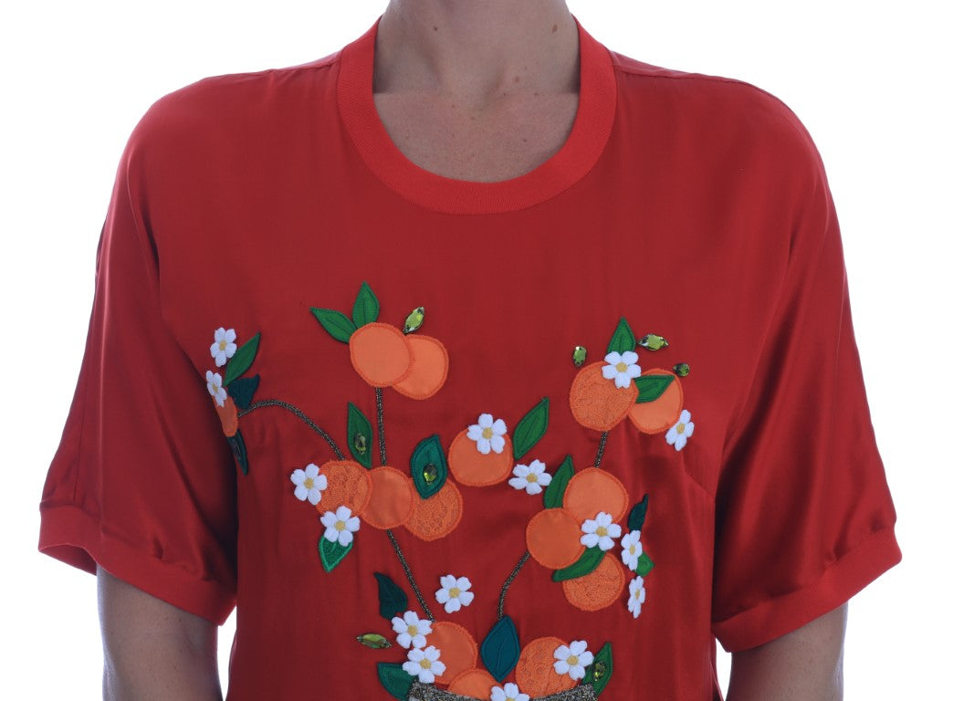 Dolce &amp; Gabbana Red Silk Oranges Floral Crystal Blouse