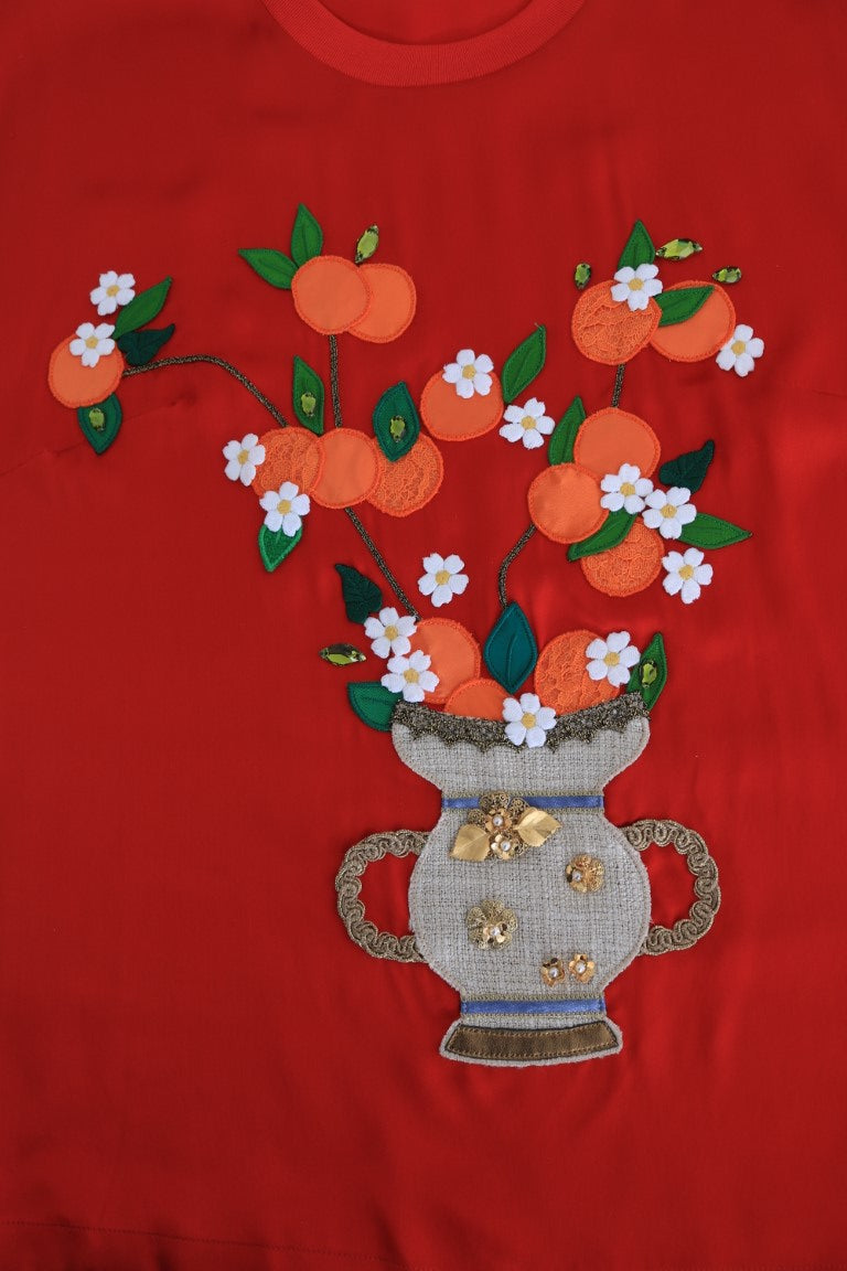 Dolce &amp; Gabbana Red Silk Oranges Floral Crystal Blouse