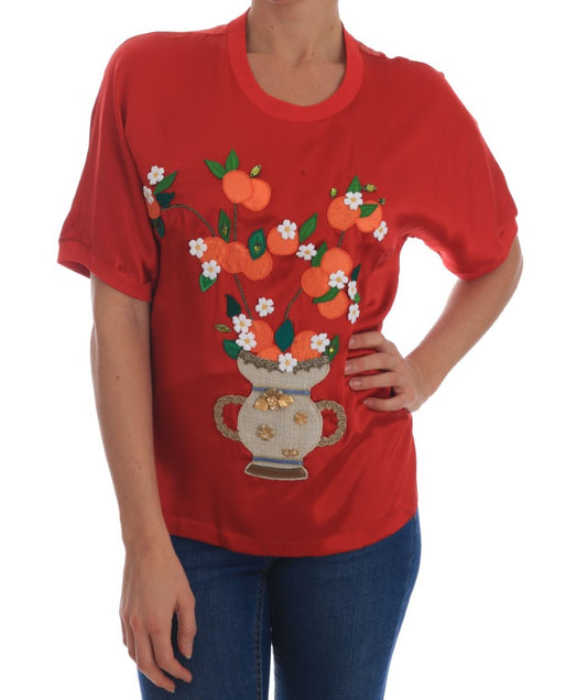 Dolce &amp; Gabbana Red Silk Oranges Floral Crystal Blouse