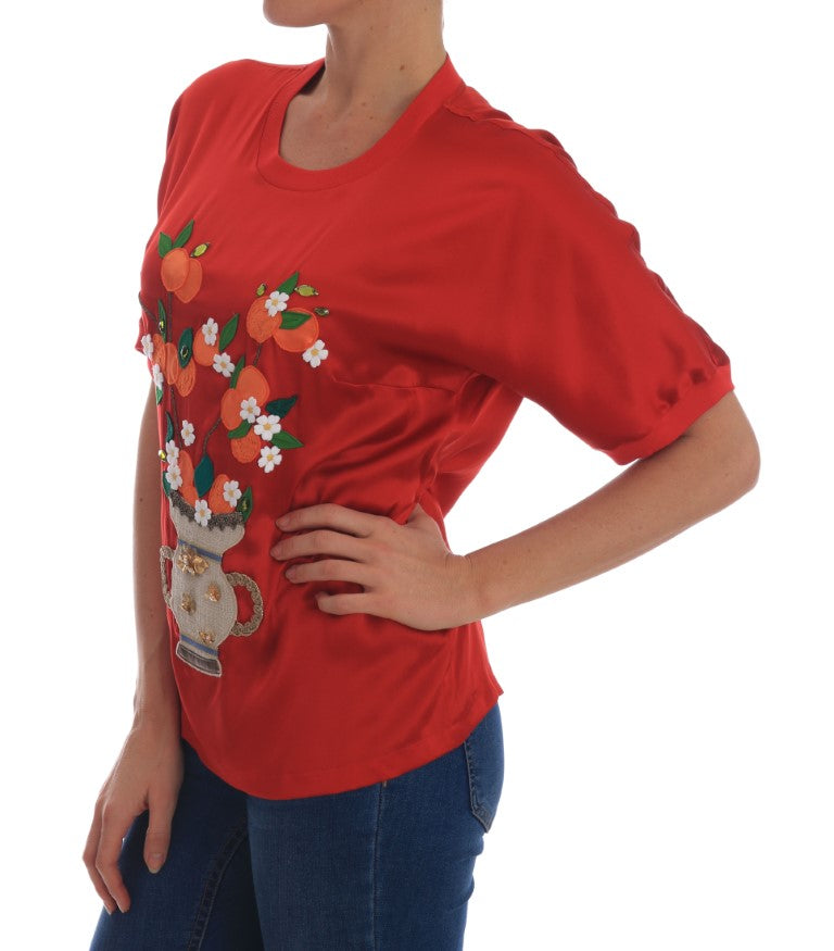 Dolce &amp; Gabbana Red Silk Oranges Floral Crystal Blouse