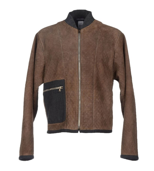 Dolce &amp; Gabbana Brown Grey Leather Jacket Coat