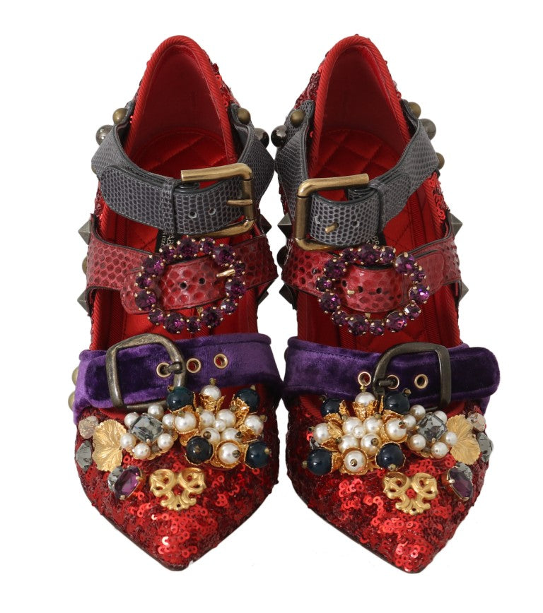 Dolce &amp; Gabbana Red Sequined Crystal Studs Heels Shoes