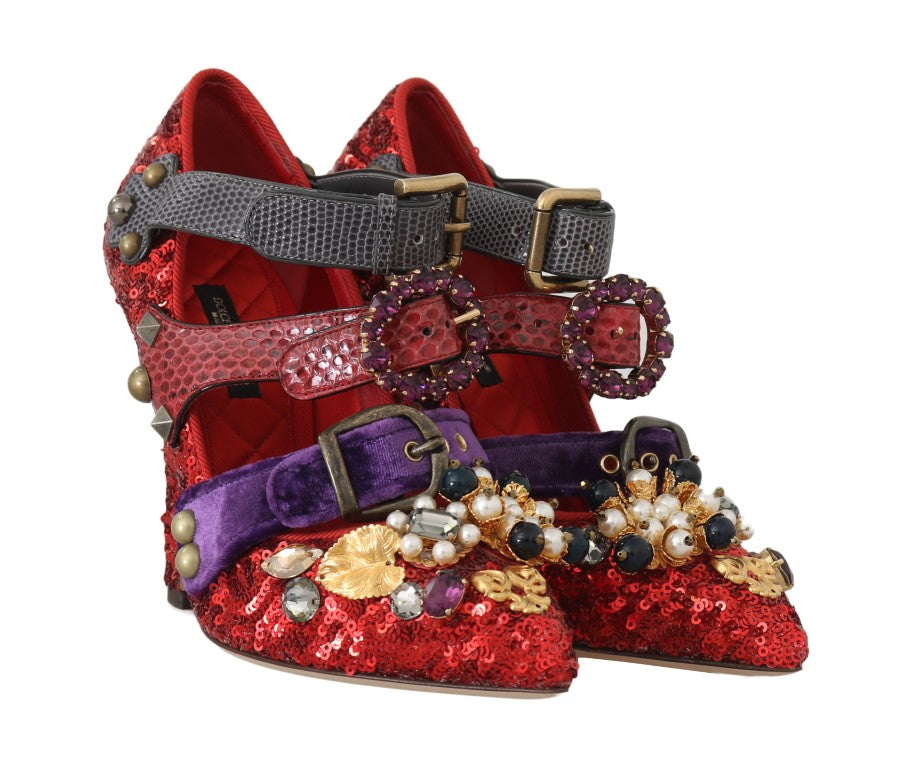 Dolce &amp; Gabbana Red Sequined Crystal Studs Heels Shoes