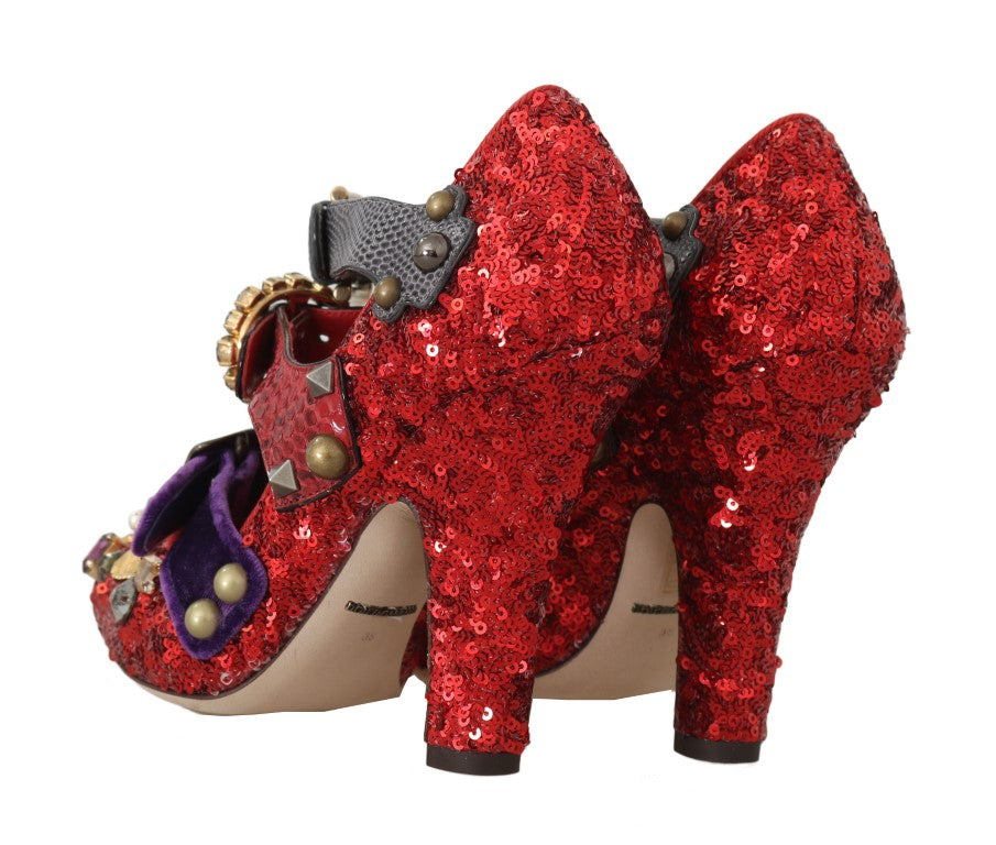 Dolce &amp; Gabbana Red Sequined Crystal Studs Heels Shoes