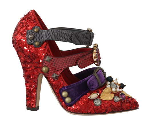 Dolce &amp; Gabbana Red Sequined Crystal Studs Heels Shoes