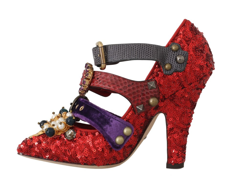 Dolce &amp; Gabbana Red Sequined Crystal Studs Heels Shoes