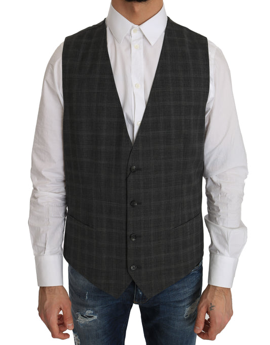 Dolce &amp; Gabbana Grey Wool STAFF Checkered Stretch Vest