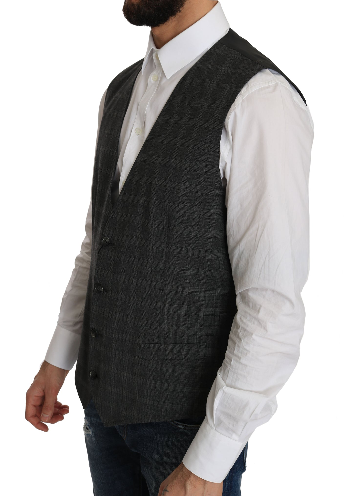 Dolce &amp; Gabbana Grey Wool STAFF Checkered Stretch Vest