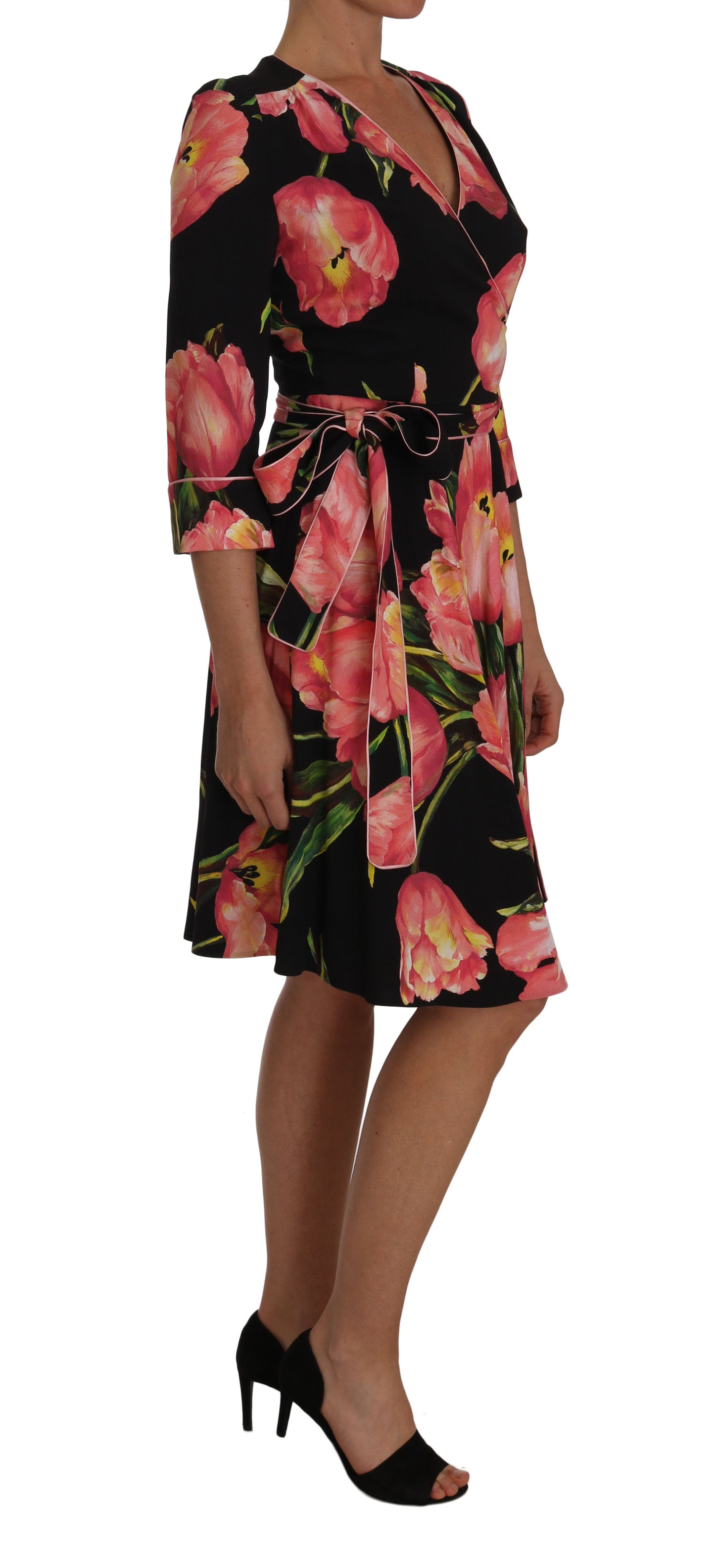 Dolce &amp; Gabbana Black Pink Tulip Print Stretch Shift Dress