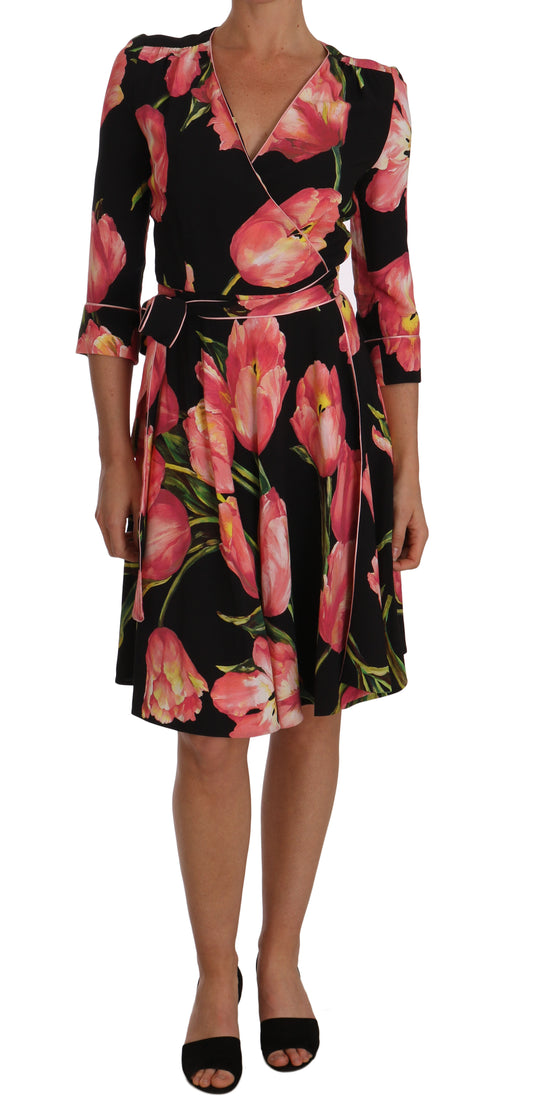 Dolce &amp; Gabbana Black Pink Tulip Print Stretch Shift Dress