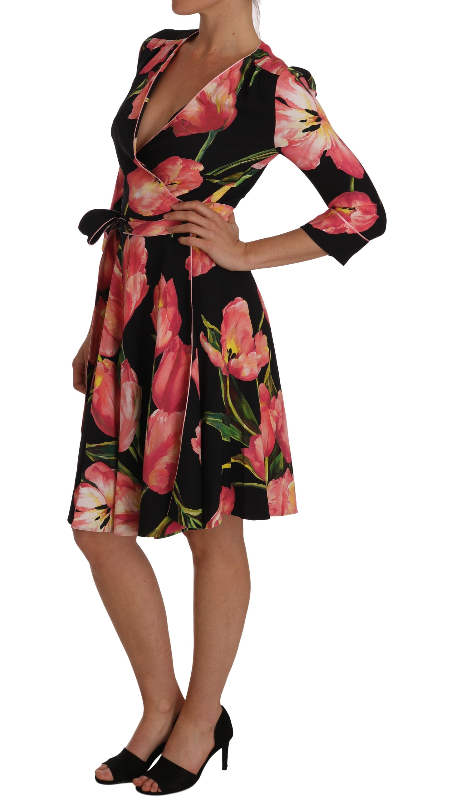 Dolce &amp; Gabbana Black Pink Tulip Print Stretch Shift Dress