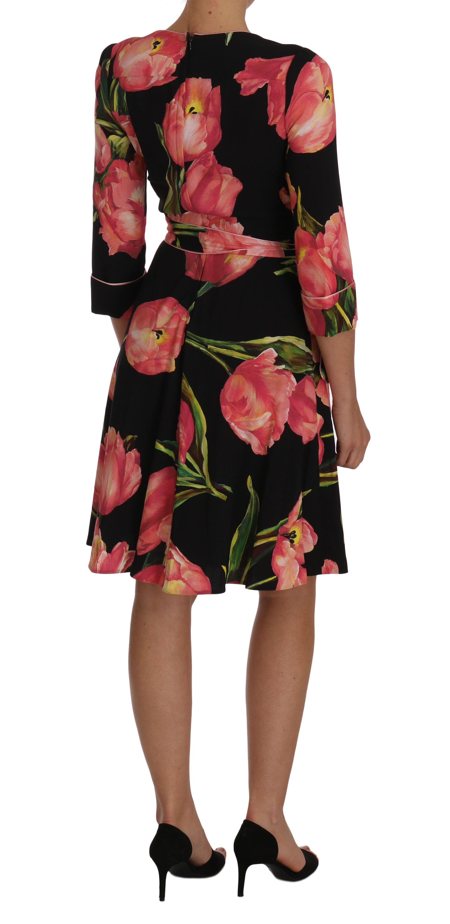 Dolce &amp; Gabbana Black Pink Tulip Print Stretch Shift Dress