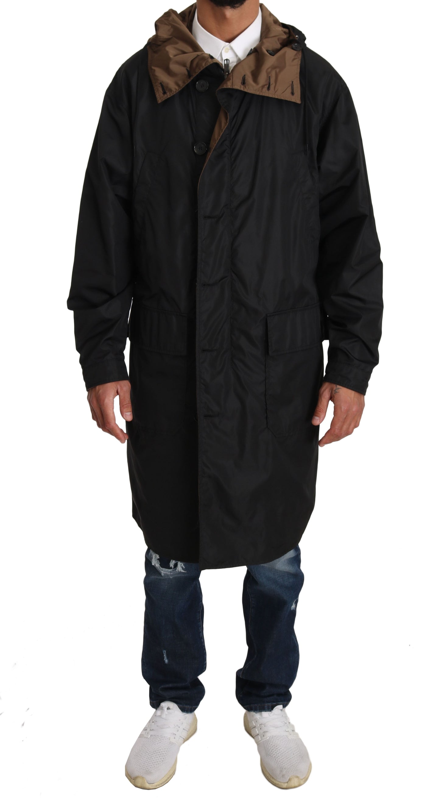 Dolce &amp; Gabbana Black Brown Hooded Reversible Raincoat