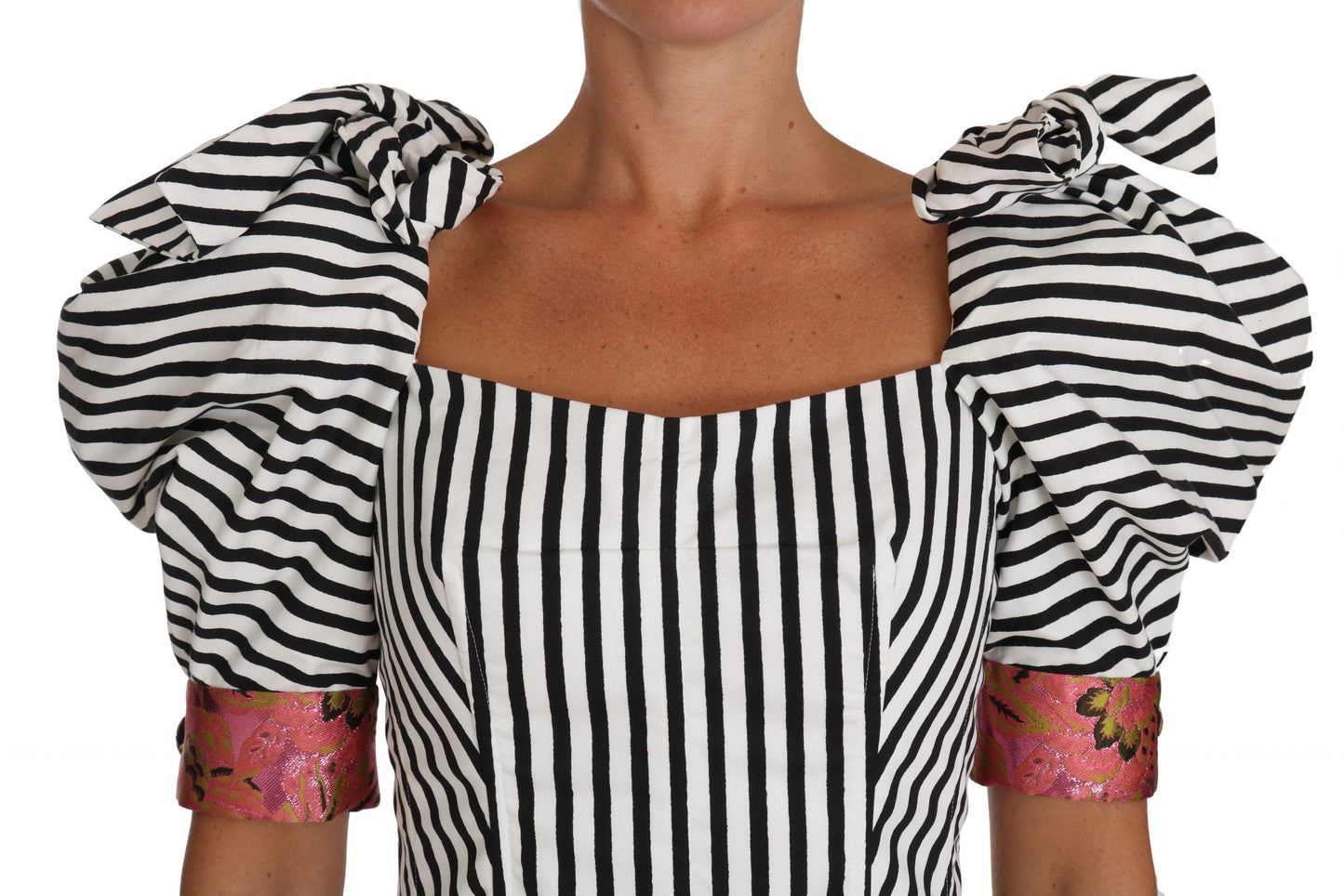 Dolce &amp; Gabbana White Black Striped Cropped Top Puff Sleeve Shirts