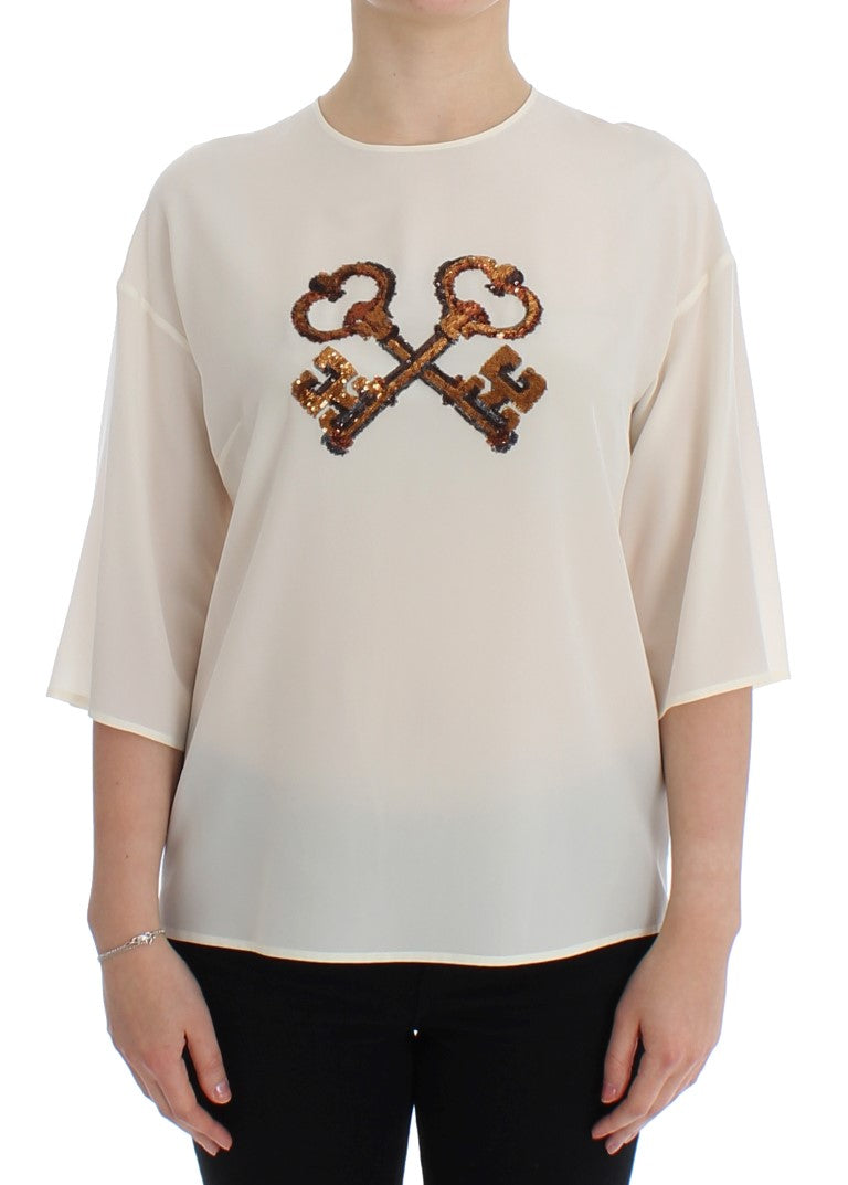 Dolce &amp; Gabbana White Sequined Key Silk Blouse T-shirt Top