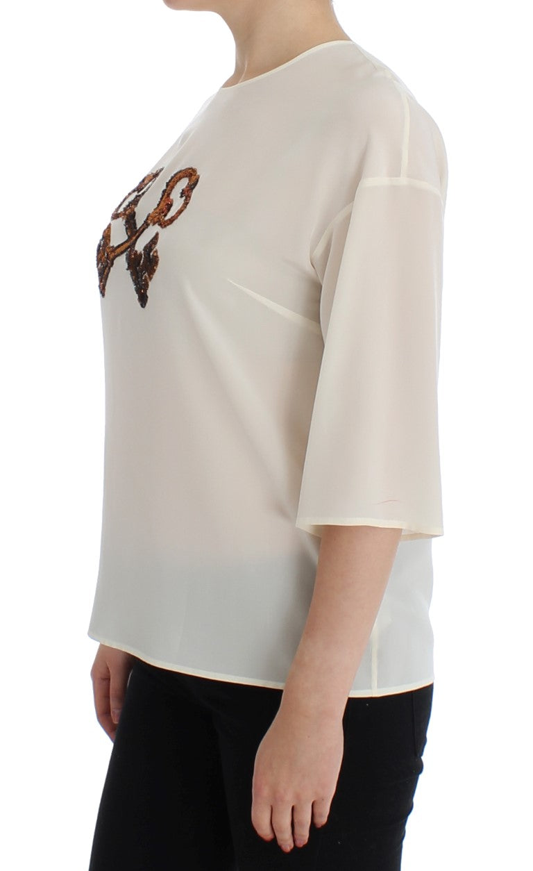 Dolce &amp; Gabbana White Sequined Key Silk Blouse T-shirt Top