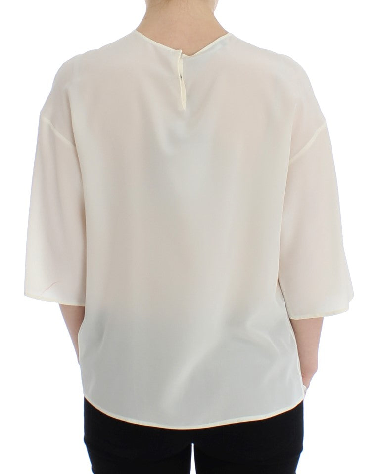 Dolce &amp; Gabbana White Sequined Key Silk Blouse T-shirt Top